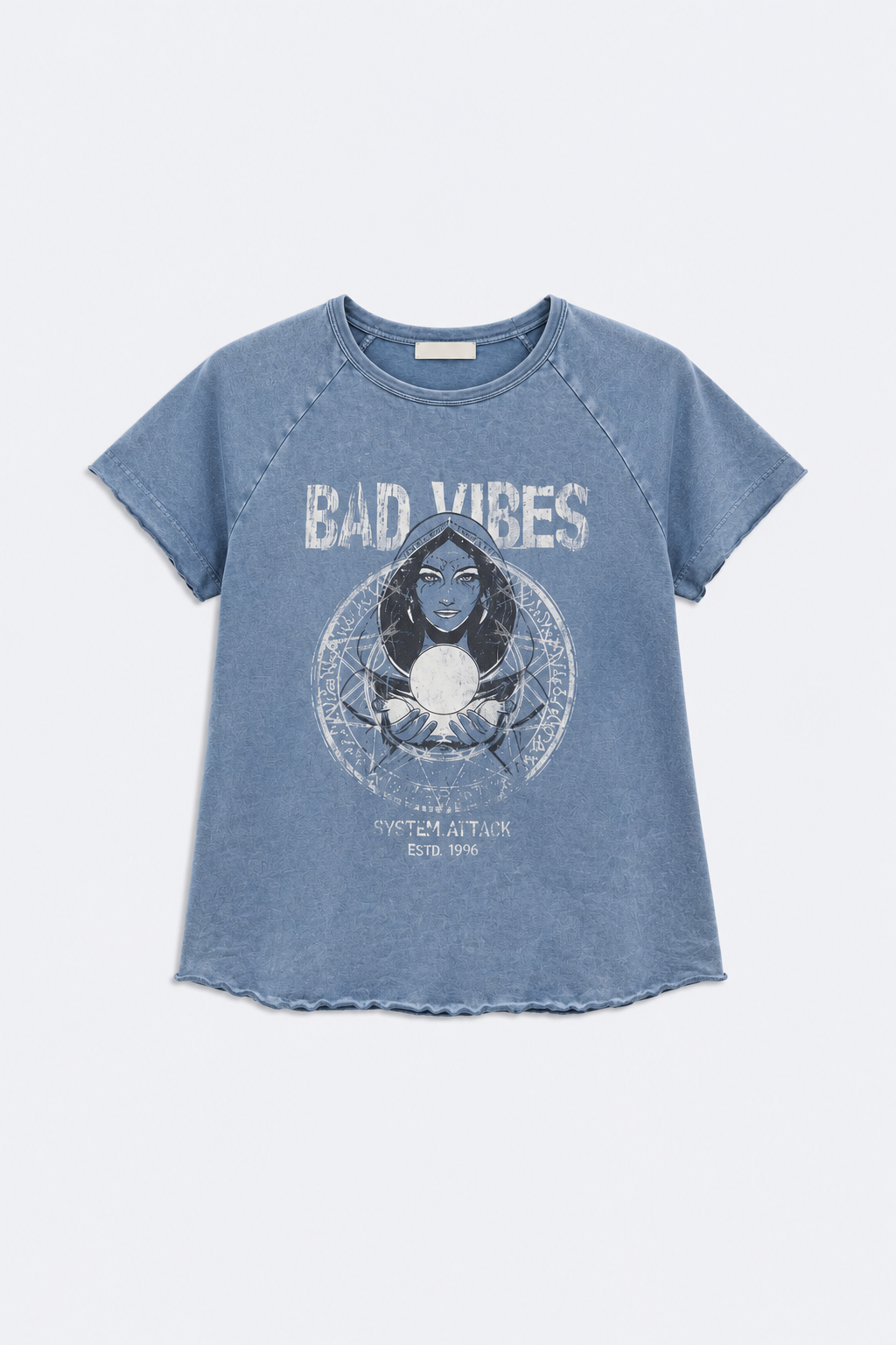 CAMISETA MANGA RENGLANT EFECTO LAVADO AZUL INDIGO CON ESTAMPADO